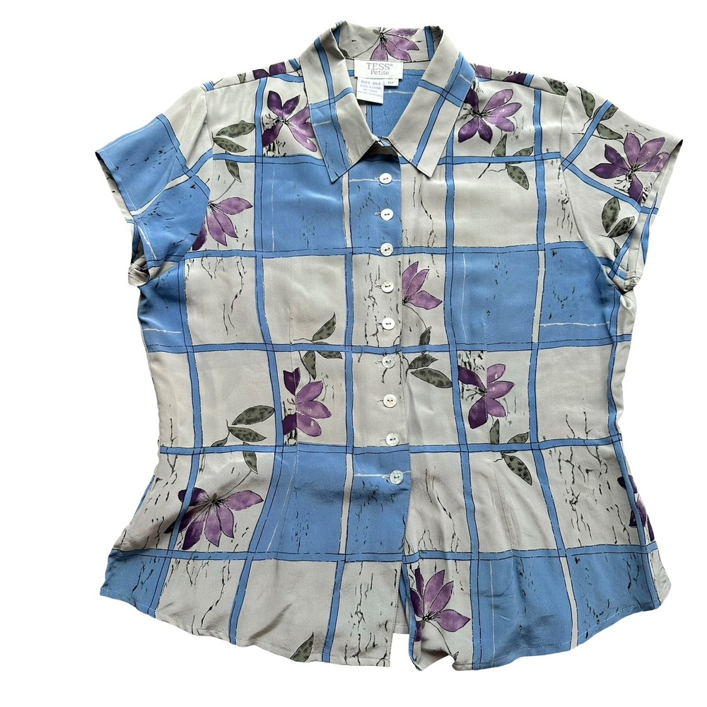 Vintage 90s Tess Blouse 8P Gray Blue 100% Silk Floral Plaid Cap Sleeve Button-Up